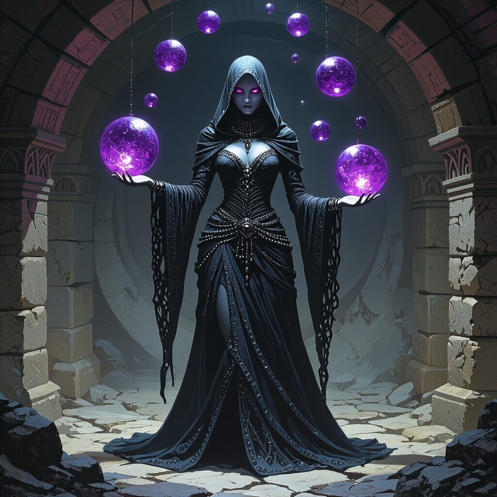 Mysterious Drow Sorceress in Gothic Chamber