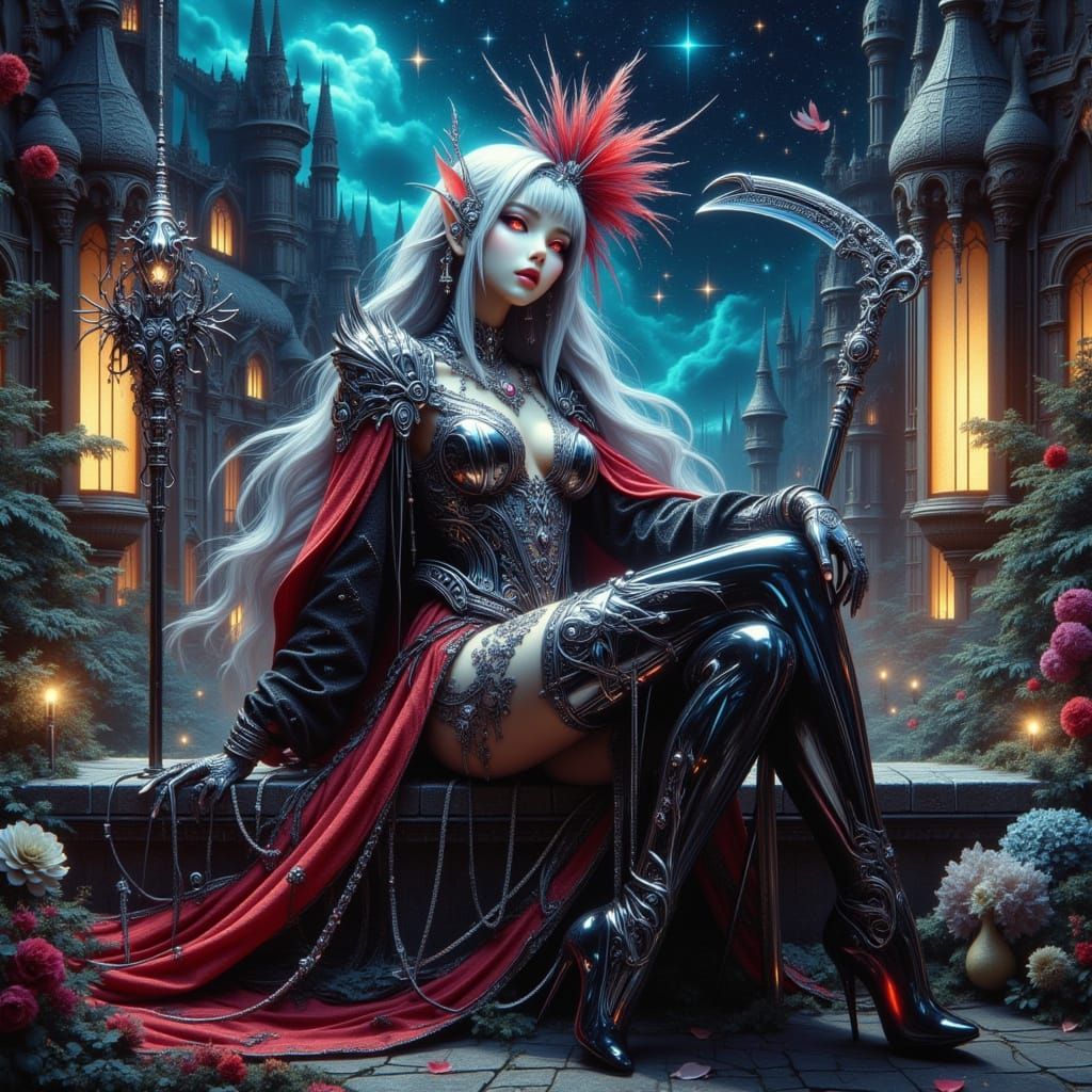 Sorayama-Inspired Elf in Gothic Armor Amidst Cosmic Night