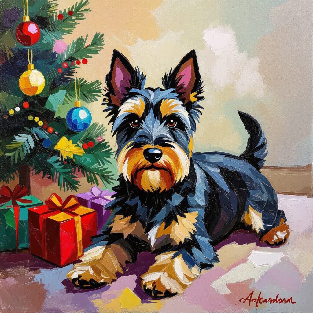 Scottish Terrier by Christmas Tree, Neo-Impressionist Style
