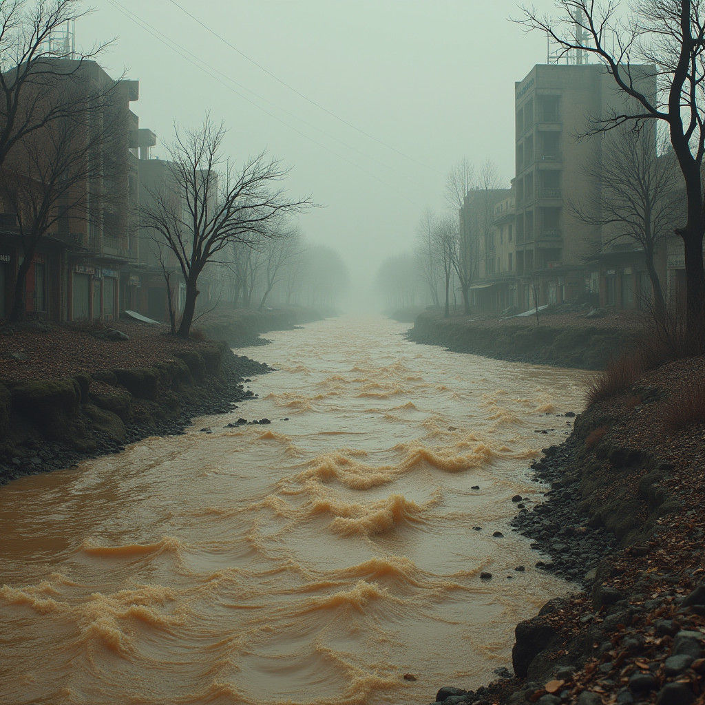 Turbulent Flood Sweeps Through Dystopian Cityscape