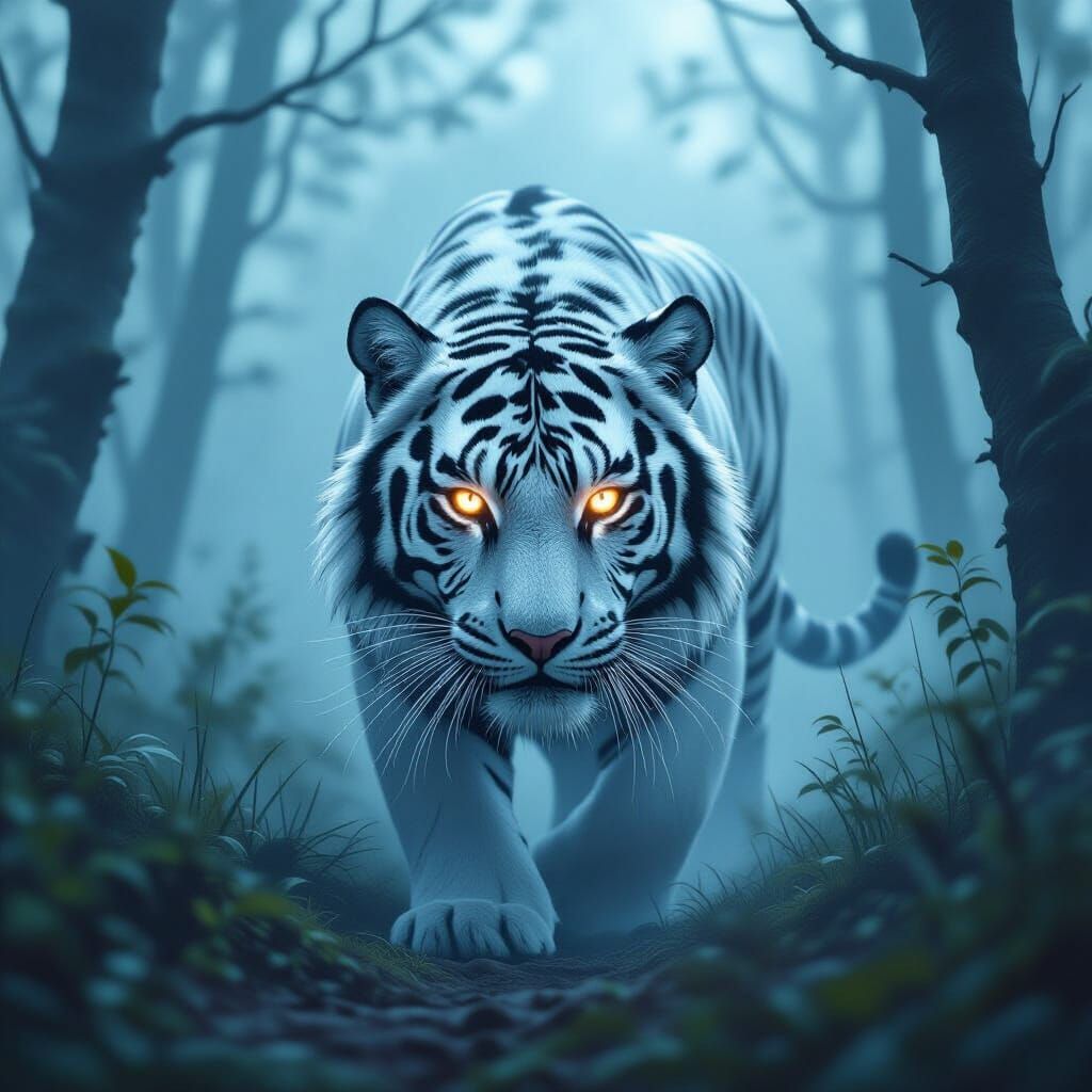 Mystical Albino Tiger Prowling Misty Forest