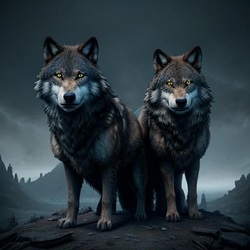 Two Wolves in a Fantasy Landscape