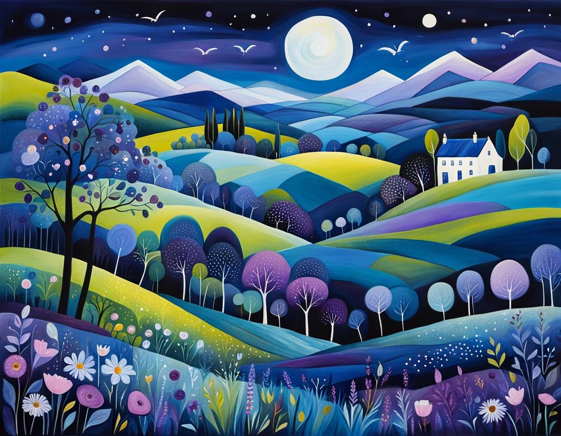 Night Blue Landscape in Decorative Style