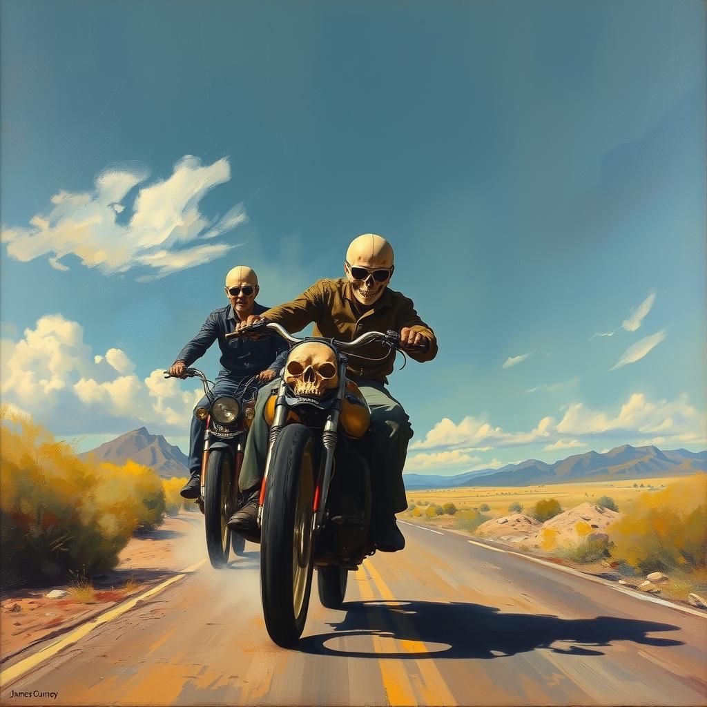 Surreal Figures with Lead Skulls, Oil Painting