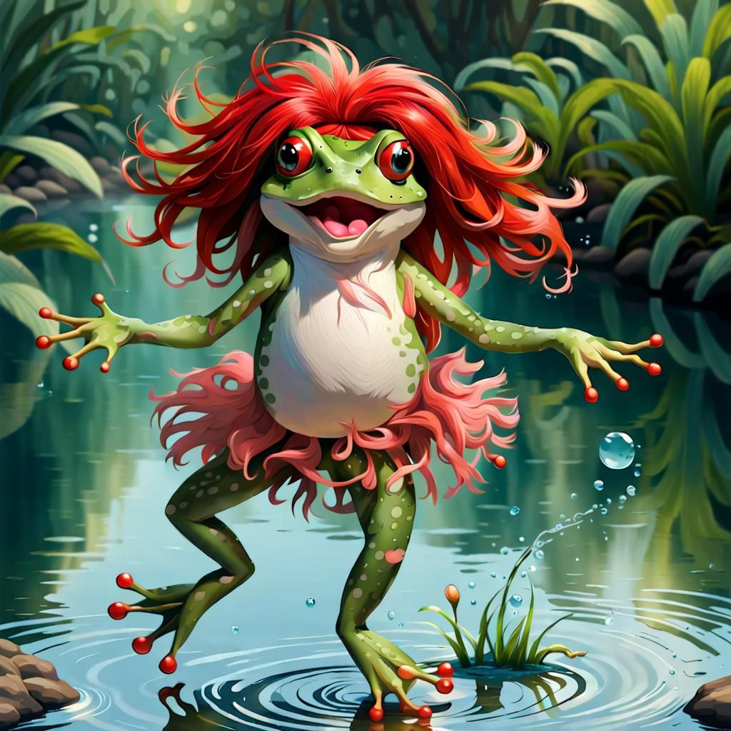 Dancing Frog with Red Wig on Water