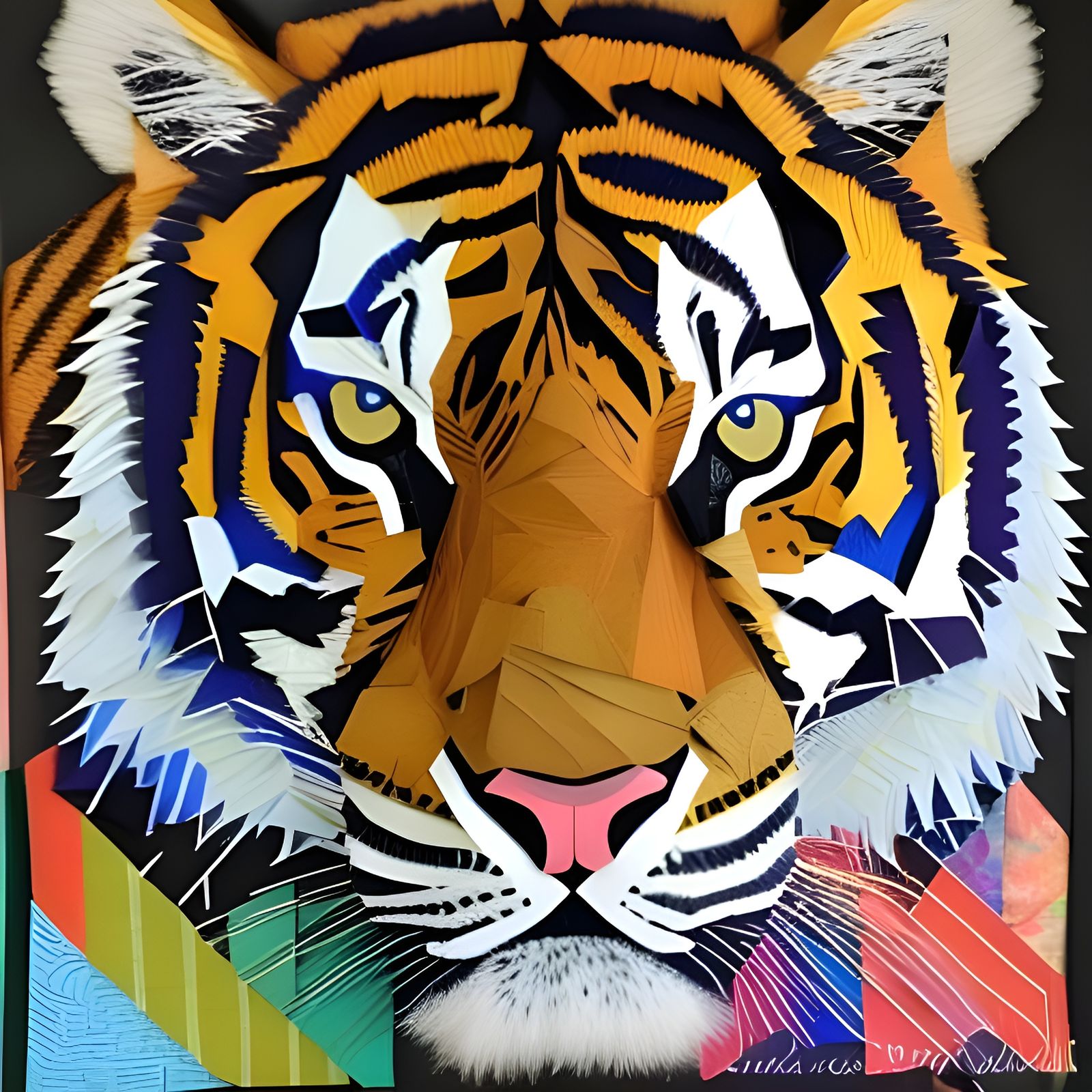 Colorful Collage Paper Tiger Fiber Art