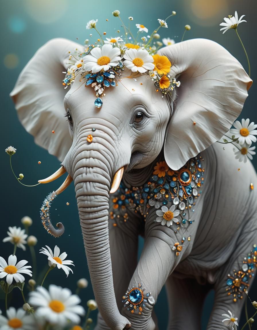 Adorable Elephant Portrait with Diamond Feathers