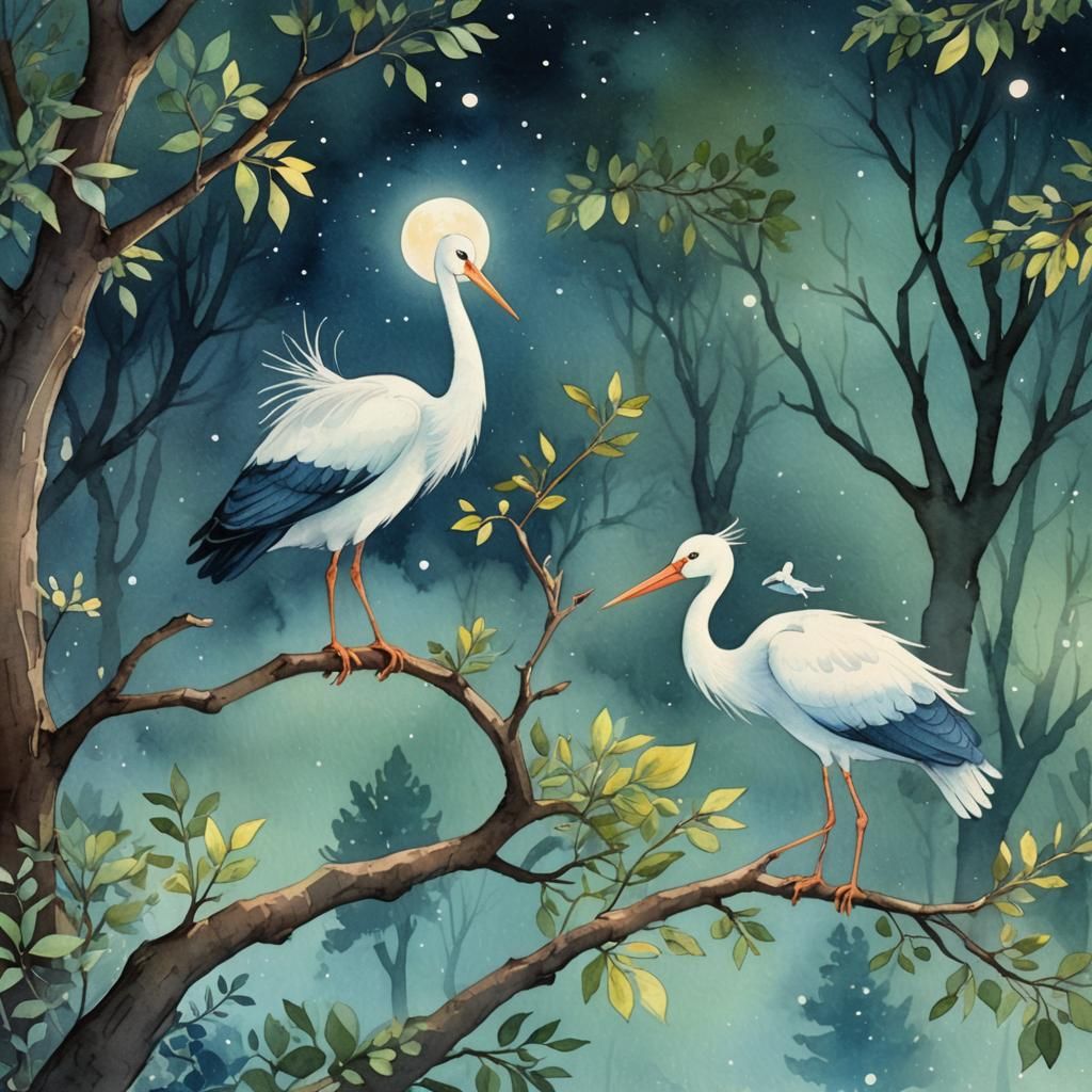 Dreamy Watercolor: Stork and Silly Billy in Forest
