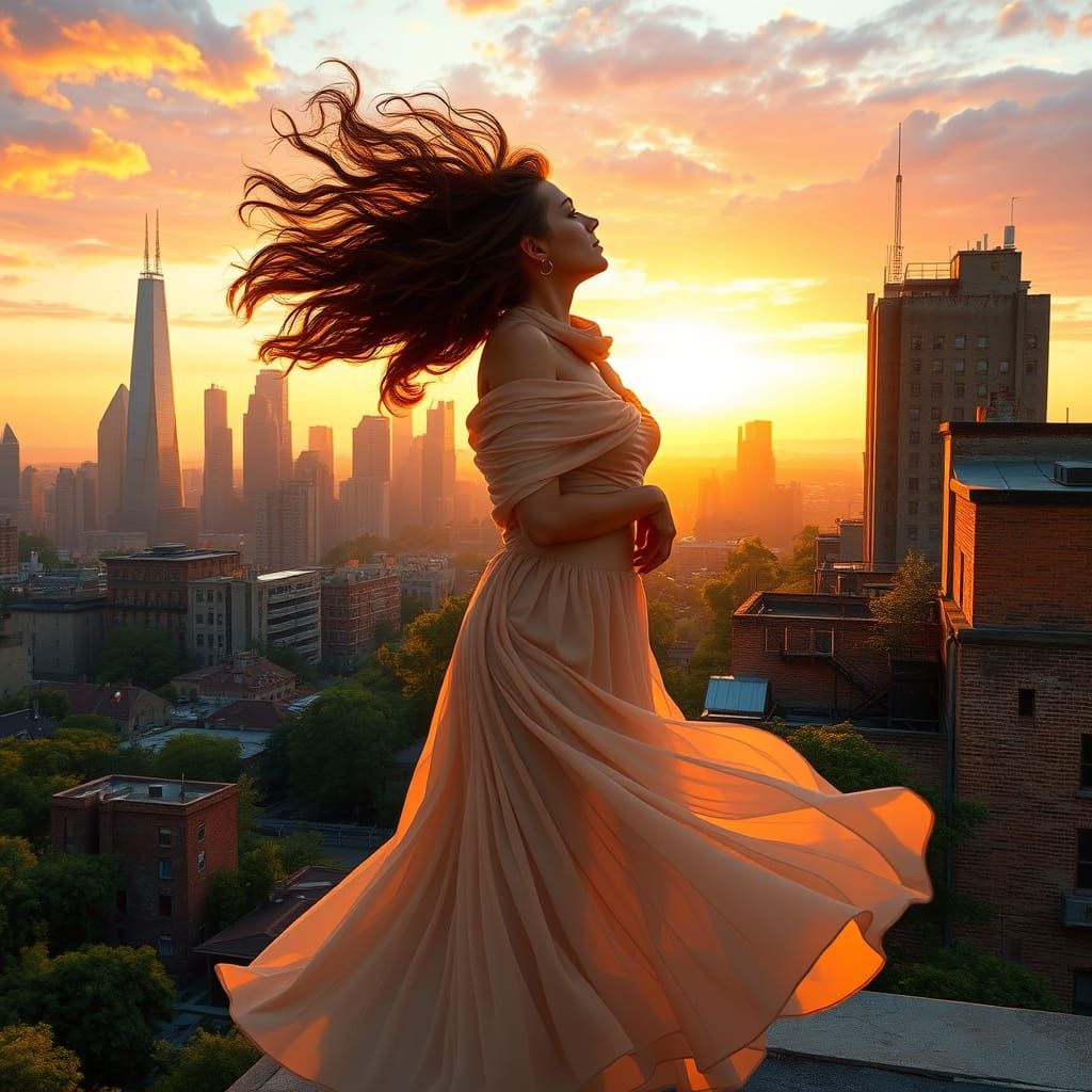 Ethereal City Goddess Embracing Golden Hour