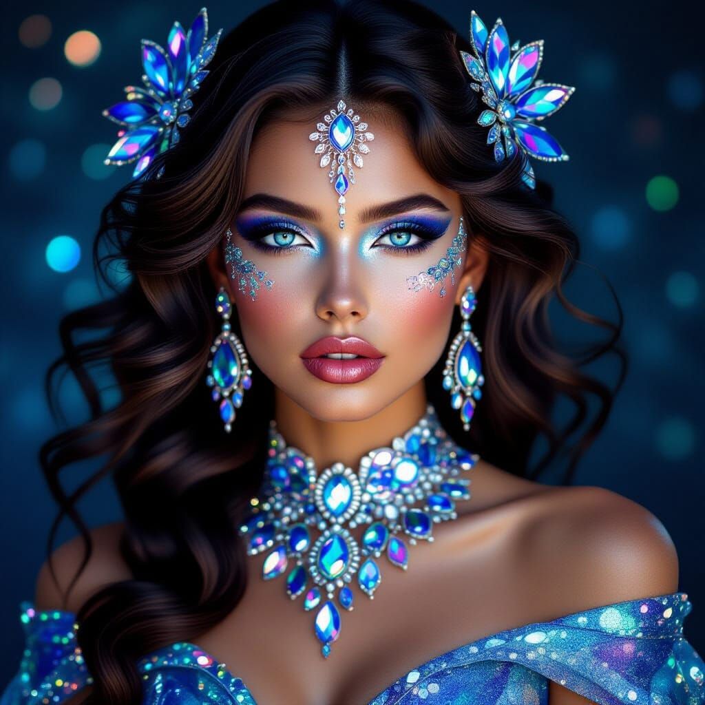 A fantastical and hauntingly pretty woman, galaxy lips, with intricate facial adornments, featuring a delicate mask ador...