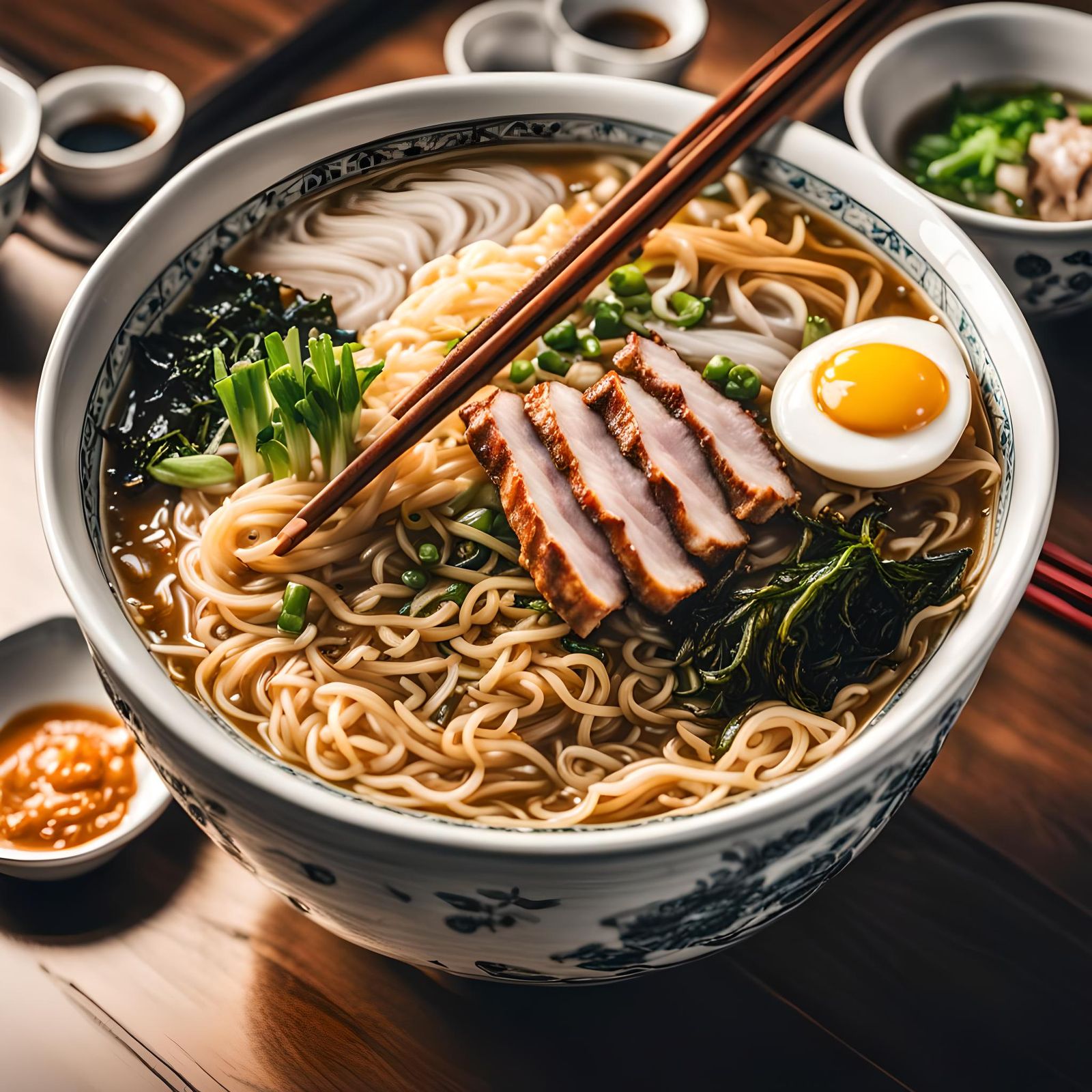 Hyperrealistic Ramen Bowl with Egg and Pork