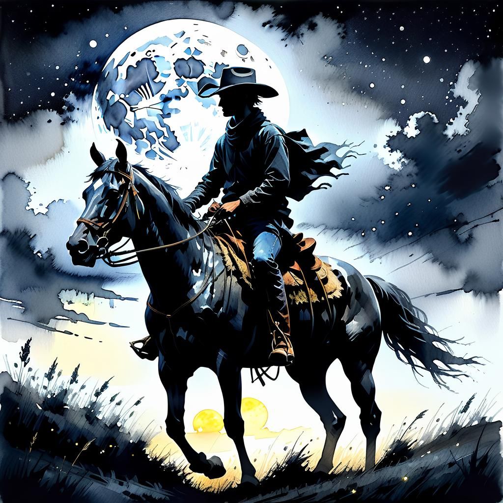 Cowboy Silhouette Under Moonlight, Watercolor Illustration