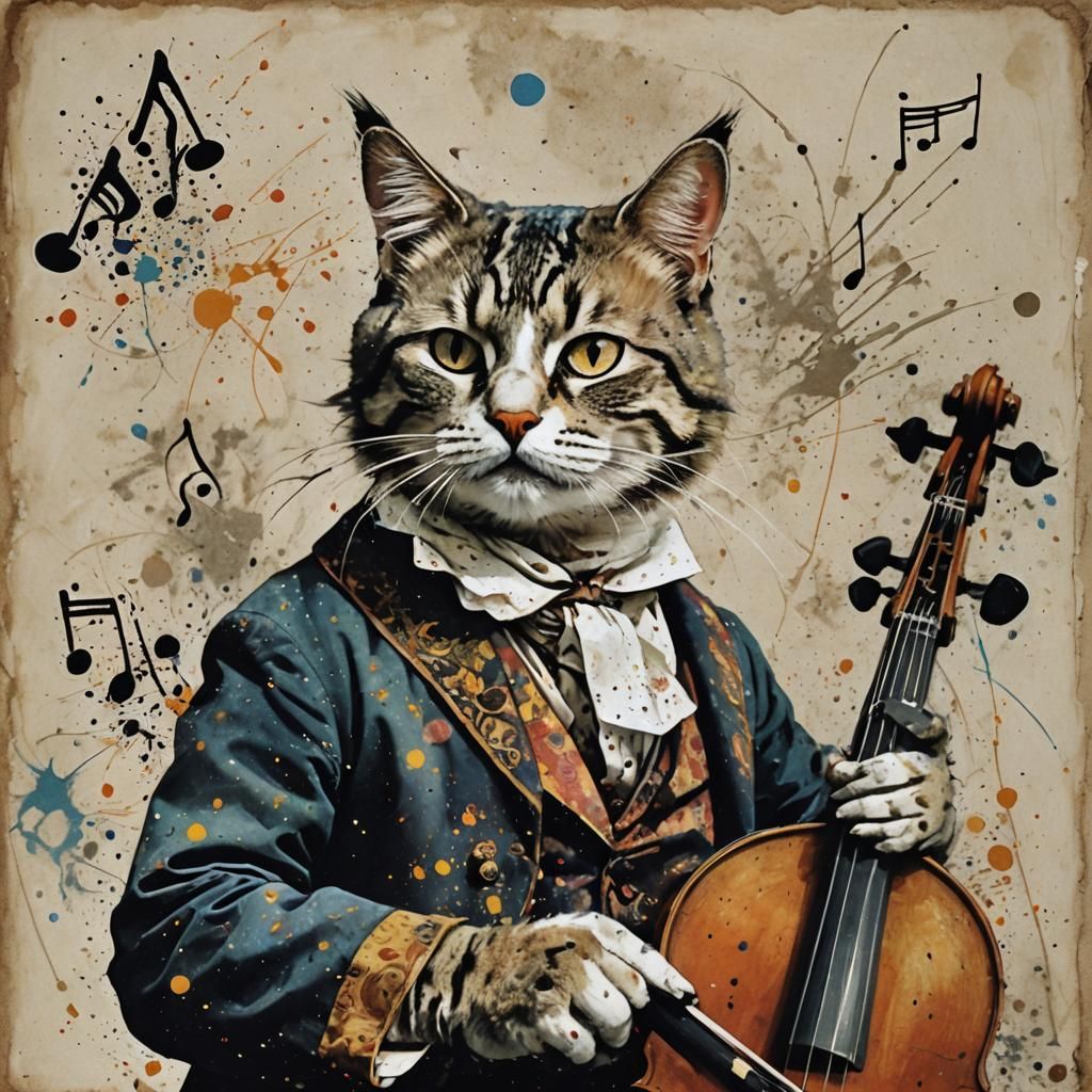 Renaissance Cat Musician in Groovy Splatter Art