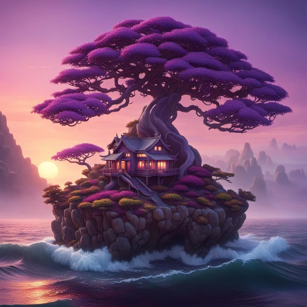 Tropical Island Sunset with Bonsai Treehouse, Digital Art