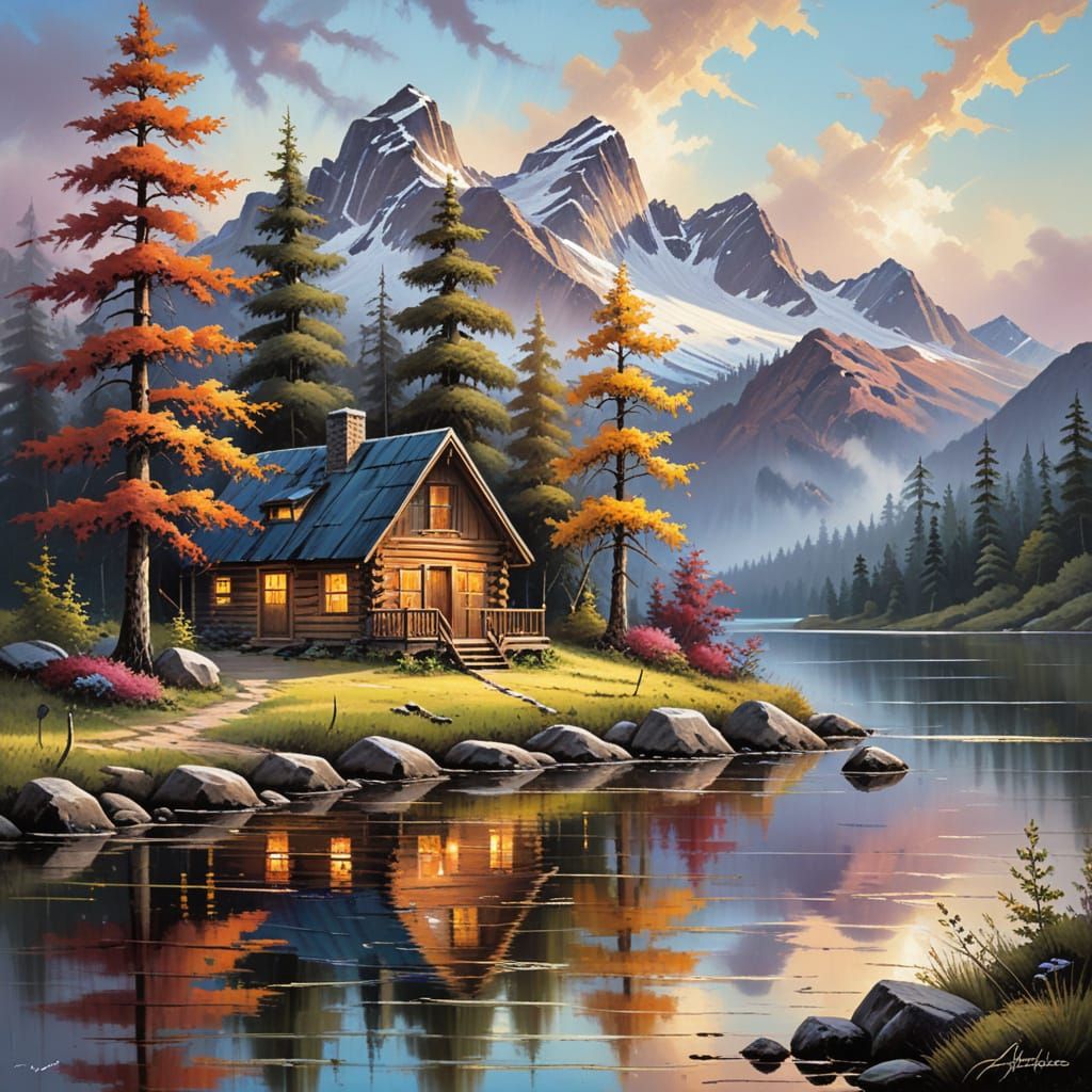 Cozy Cabin by Lake: Wet-on-Wet Oil Painting
