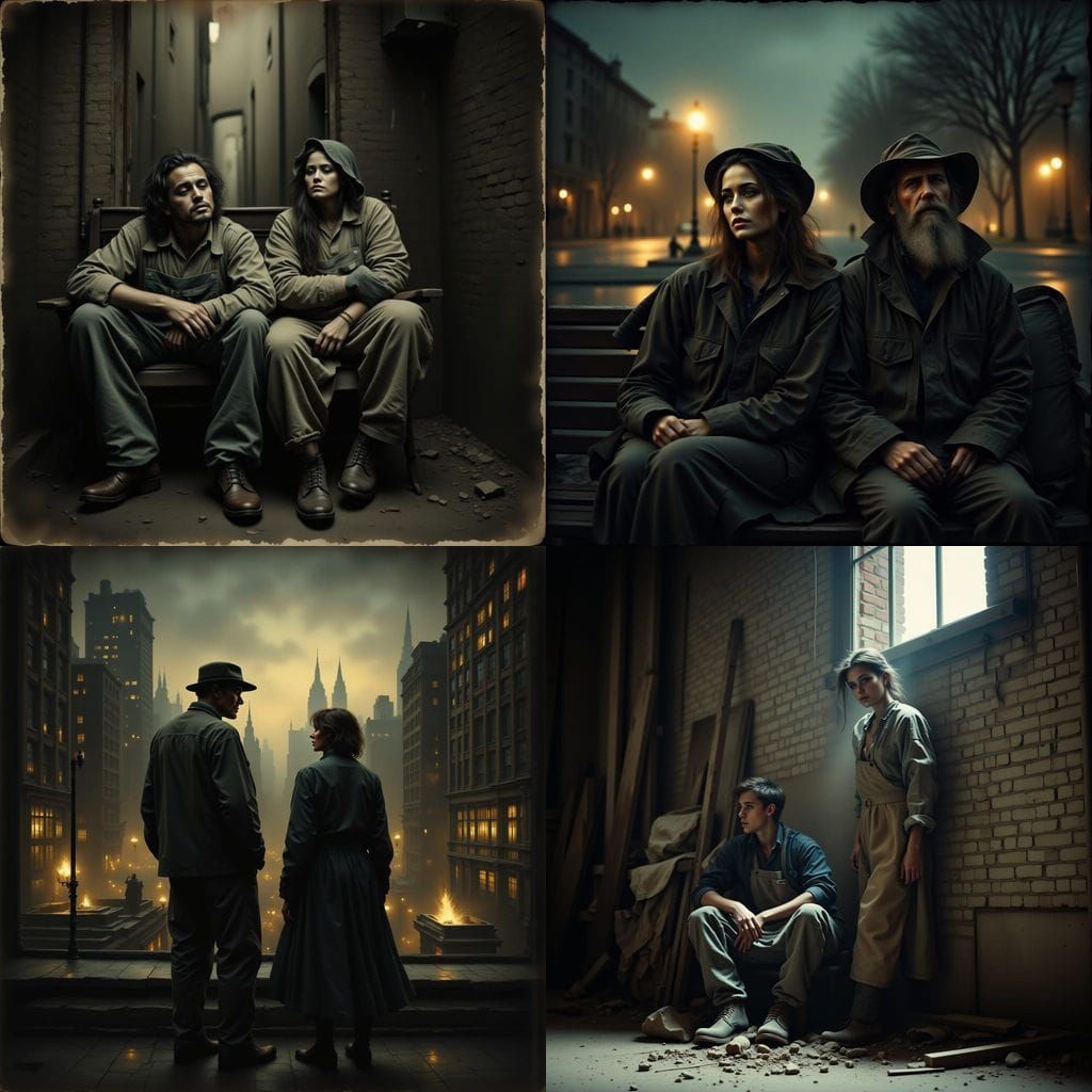 Tired Working Man and Woman in Antique Watercolor Style