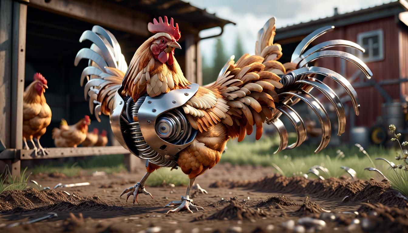 Metal Spring Chicken Leaping in Barnyard: Sci-Fi Art