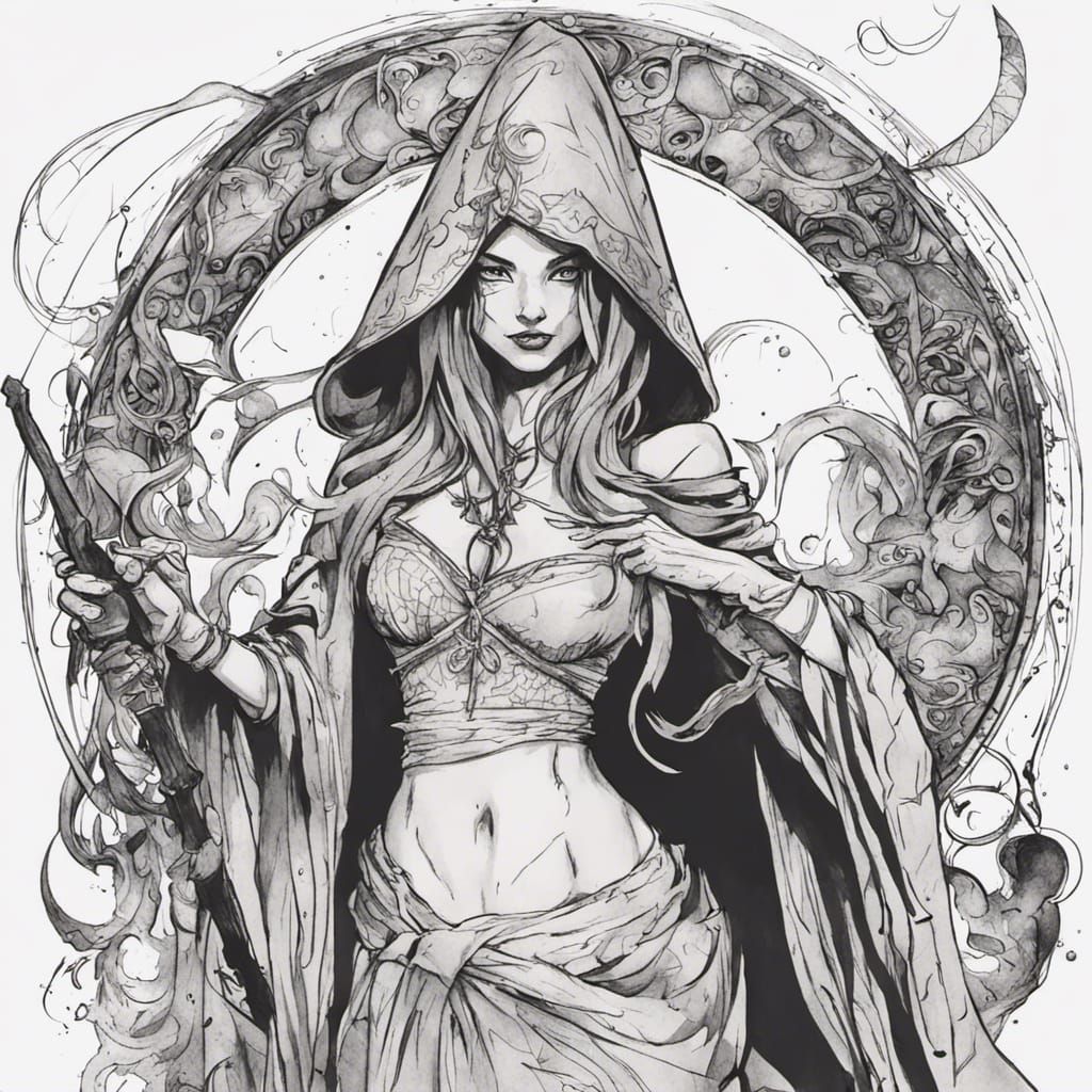 Ink Sketch of a Beautiful Sorceress