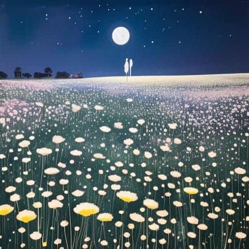Moonlit Flower Meadow in Cel-Shaded Style