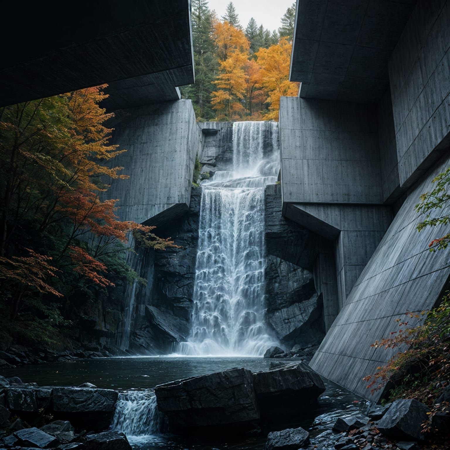 Brutalist Concrete Waterfall in Autumn Forest