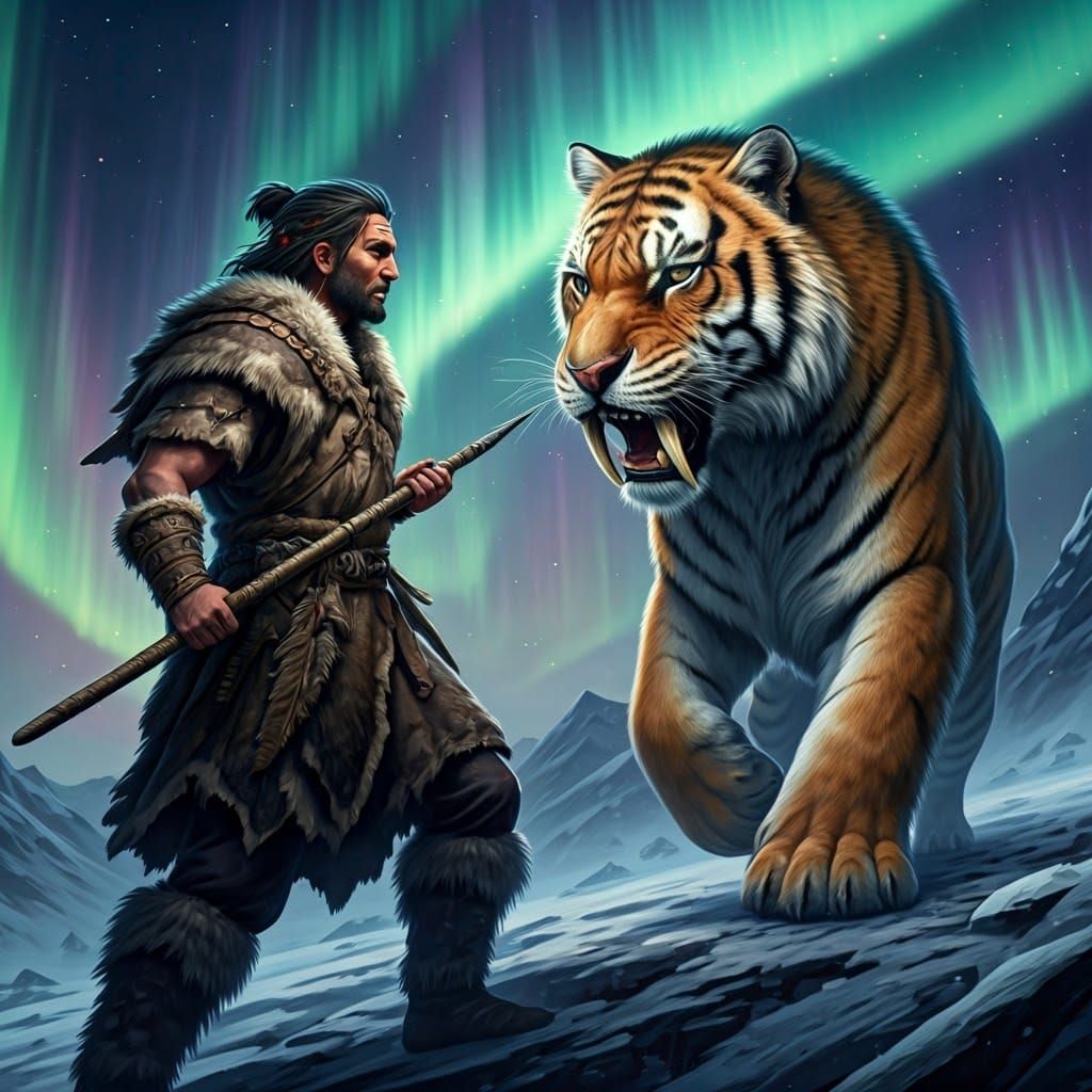 Neolithic Man Confronts Saber-Toothed Tiger Under Aurora