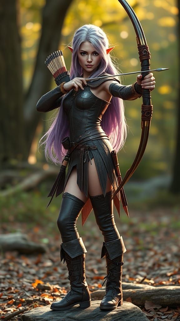Elf Archer with Purple Hair in Leather Armor