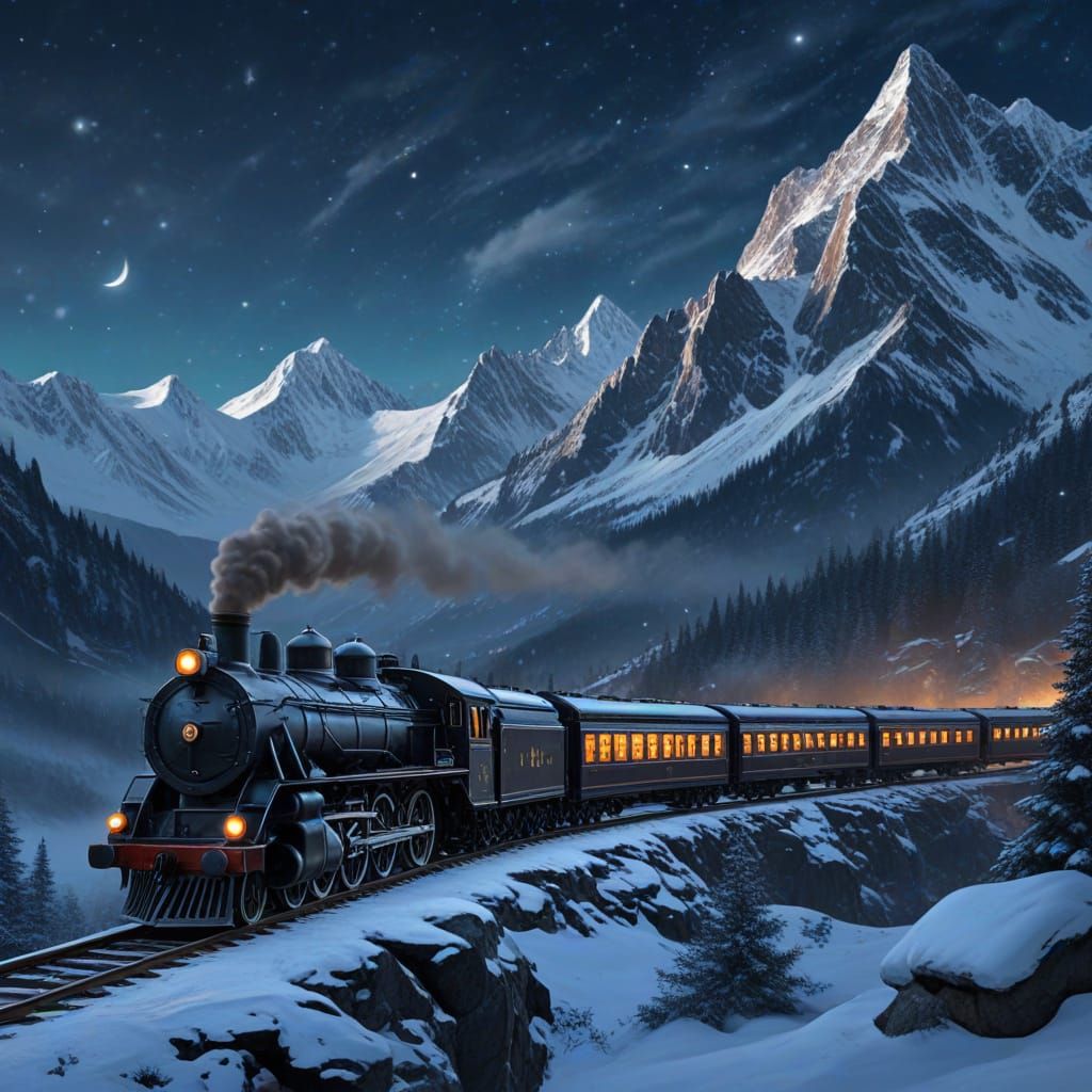 Magical Steam Train in Snowy Mountains at Night