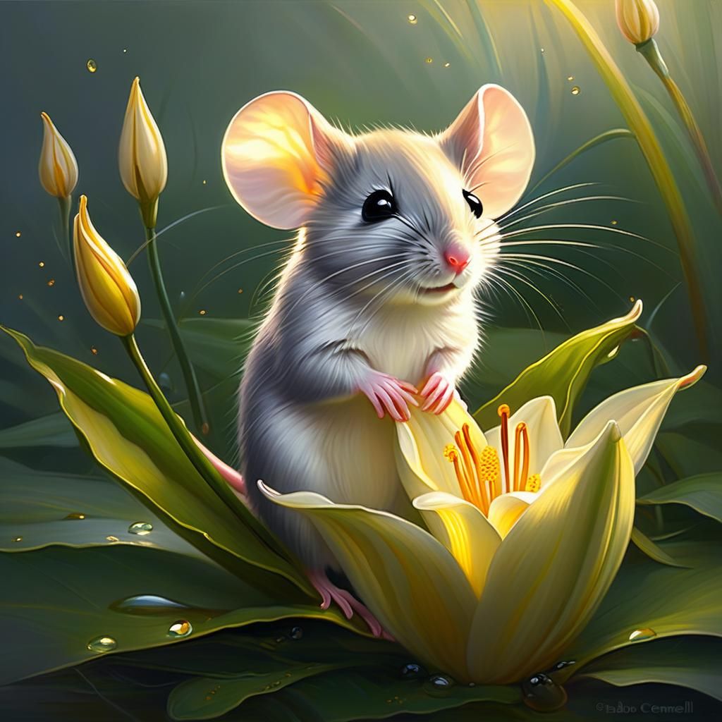 Mouse on Lily Pad in Golden Hour Oil Painting