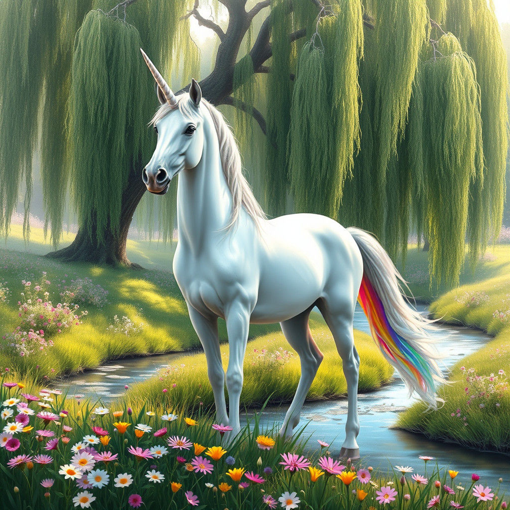 Majestic Unicorn in Meadow with Rainbow Mane