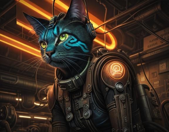 Natural evil dieselpunk . Bastet. Complex cables and pipes c...