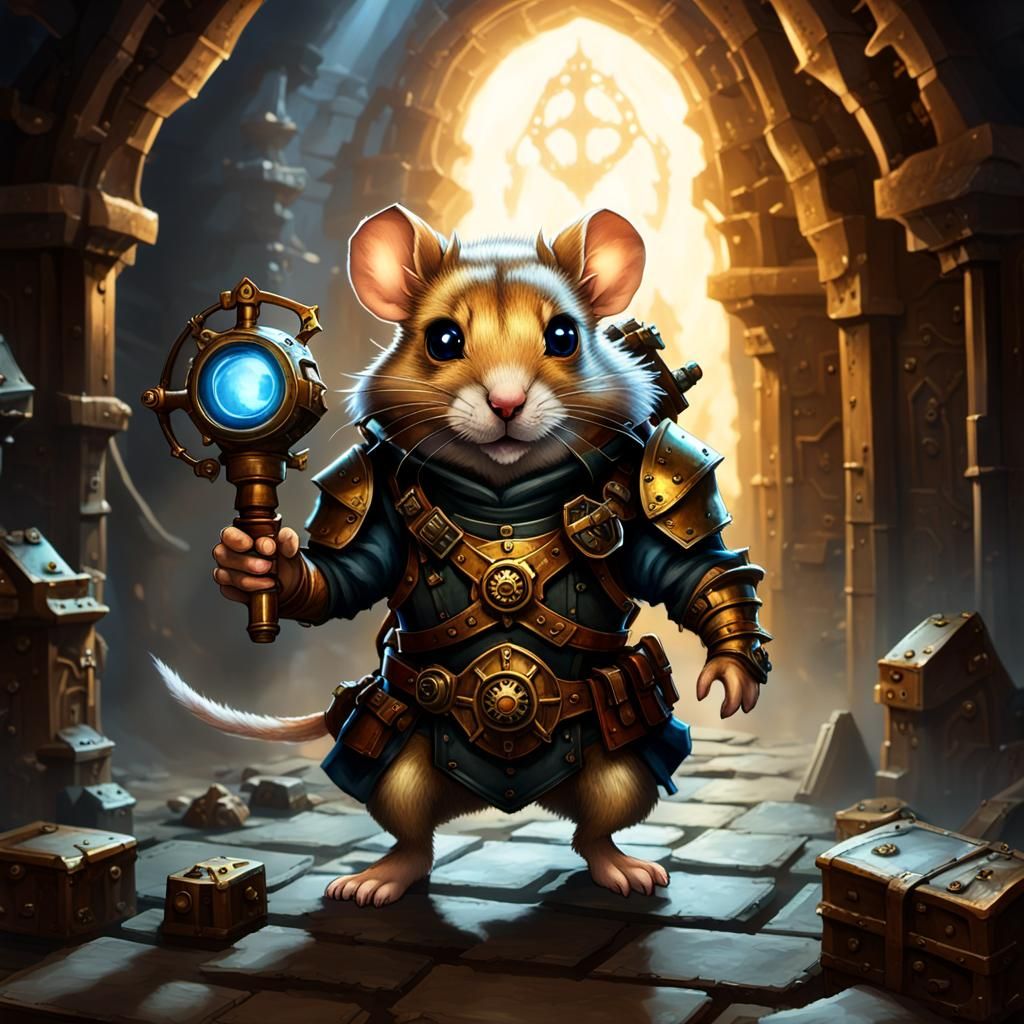 Armored Hamster Artificer in Dungeon, Cinematic Film Still