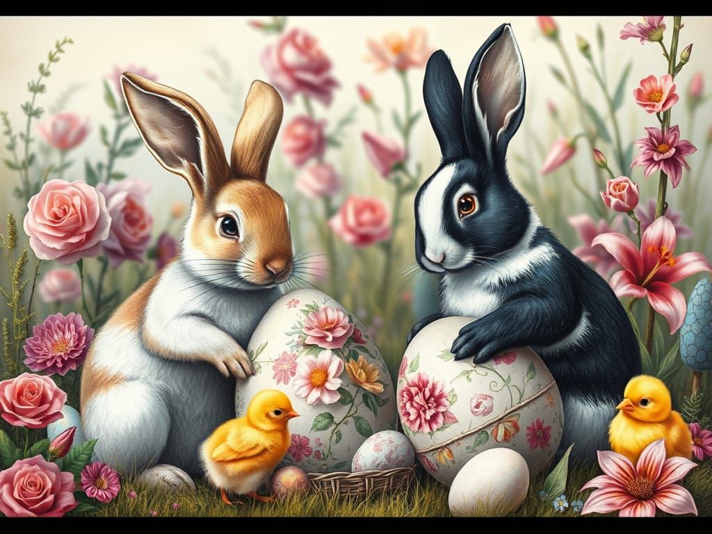 Easter Bunnies and Chicks Painting Eggs, Charcoal Drawing