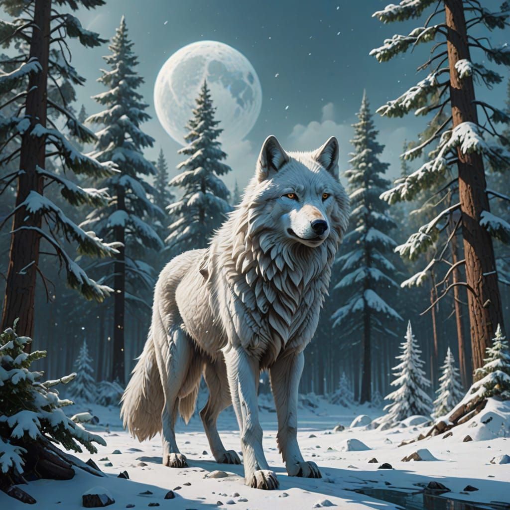 Majestic White Wolf in Fantastical Snowy Landscape