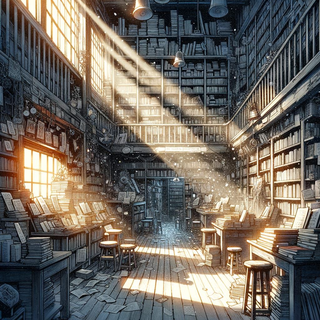 Cozy Cluttered Bookstore Interior in Japanese Manga Style