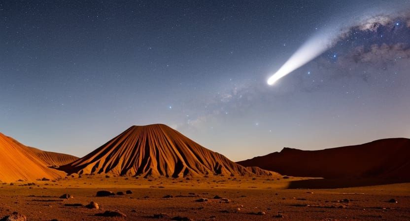 Milky Way and Comet over Volcano in Desert Night