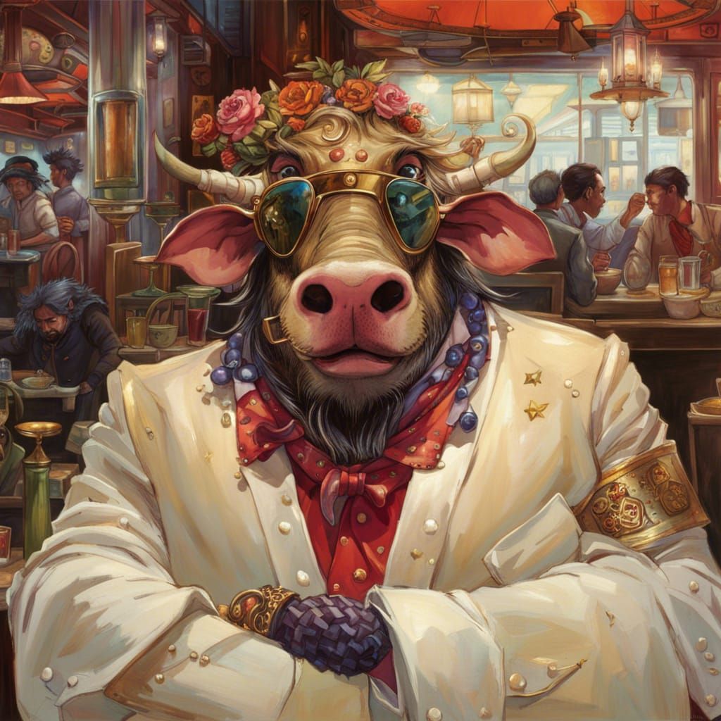 Hipster Warthog Waiter in Fantasy Restaurant Bar