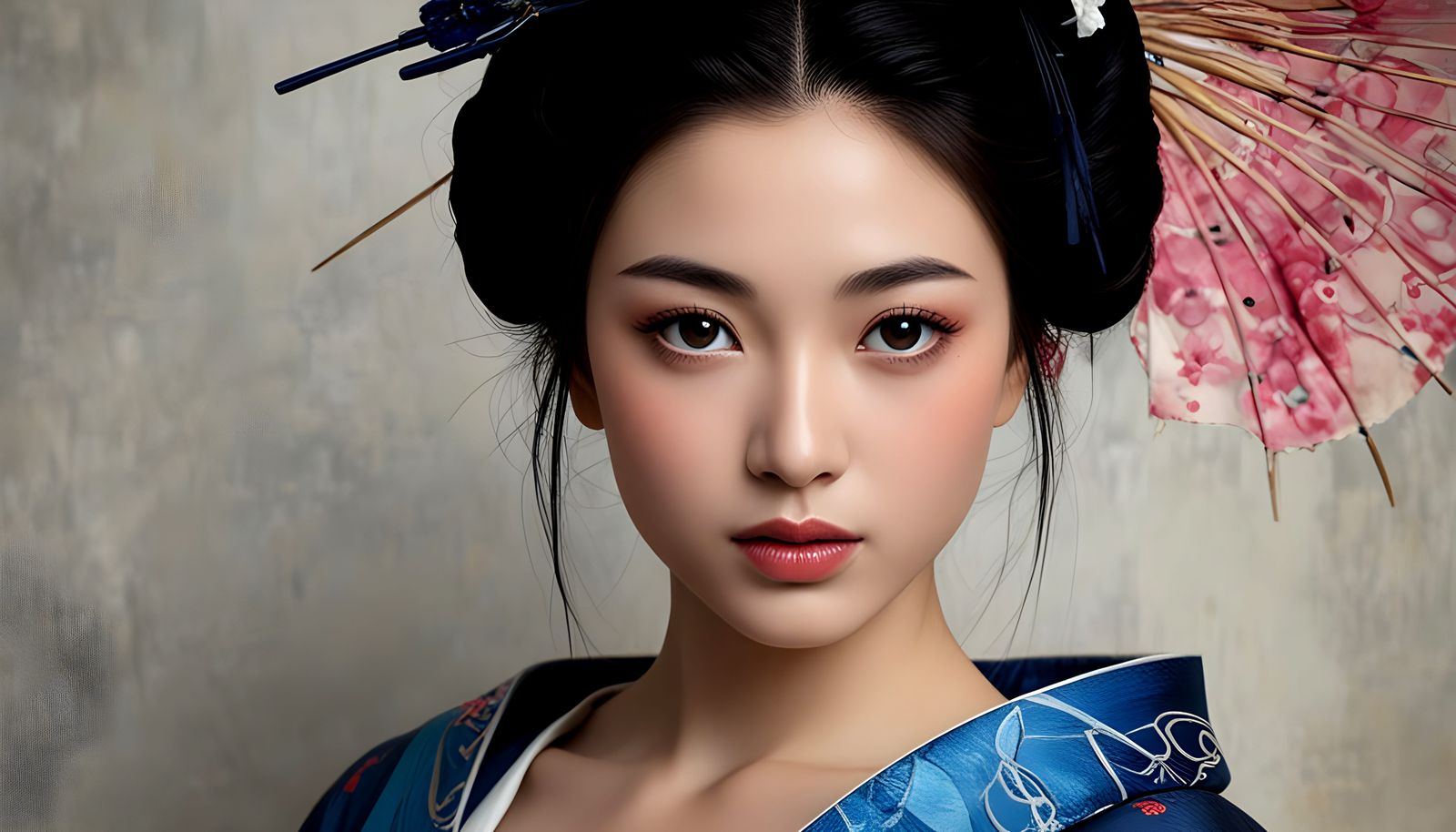 Traditional Japanese Geisha Portrait in Vibrant, Textured Co...