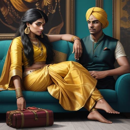 Vibrant Oil Painting of Indian Woman in Yellow Sari