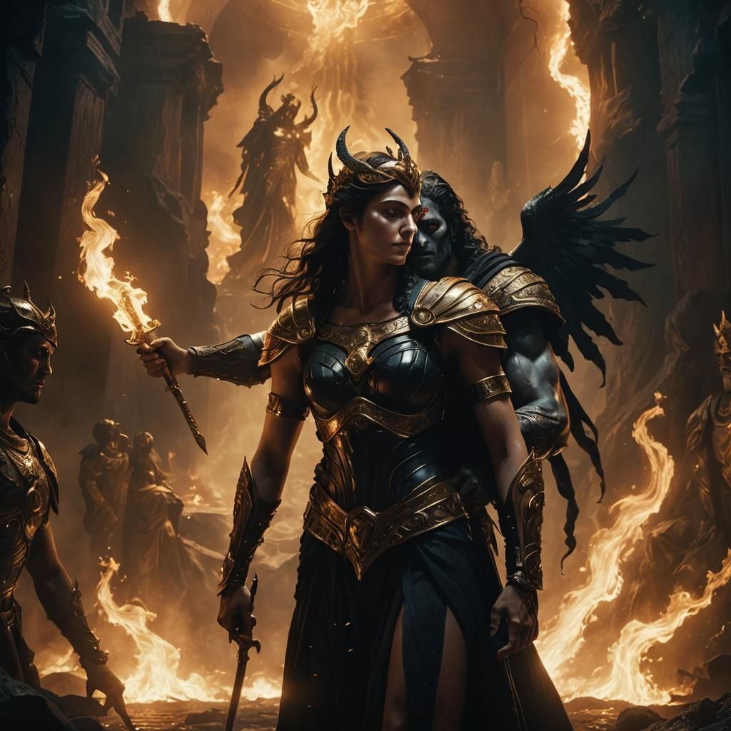 Hades and Athena Embrace: Mythological Fantasy Art