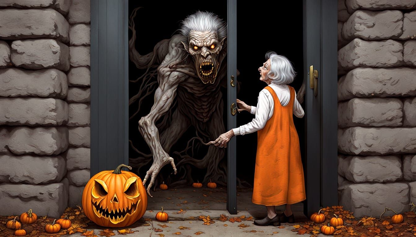 Old Woman With Pumpkin Meets Monster At Door
