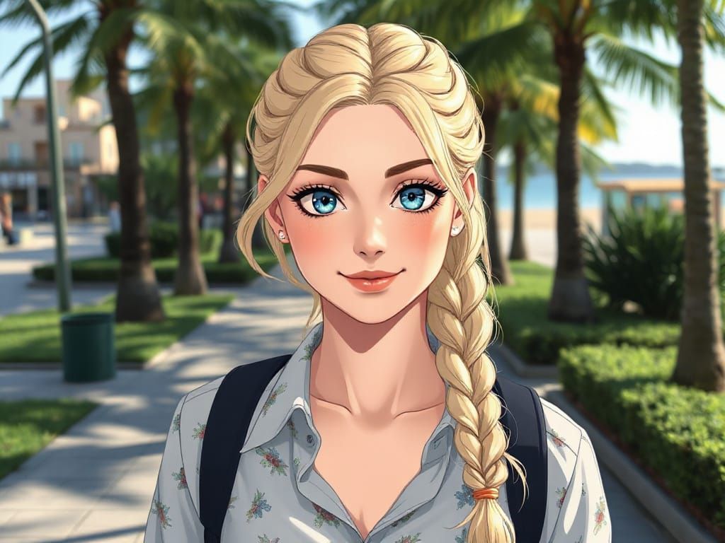 Beautiful Anime Woman with Braided Hair in Spring Clothes