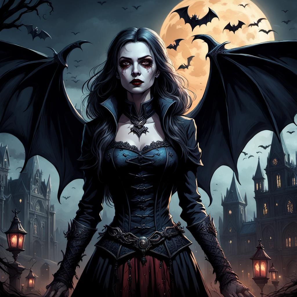 Gothic Vampire Woman with Bats in Comic Book Style
