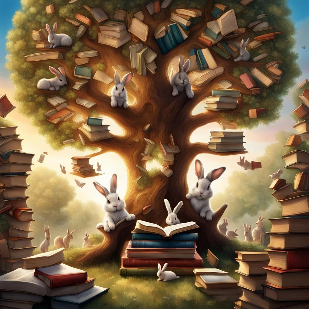 Tree of Books: Cute Bunnies' Gathering Place