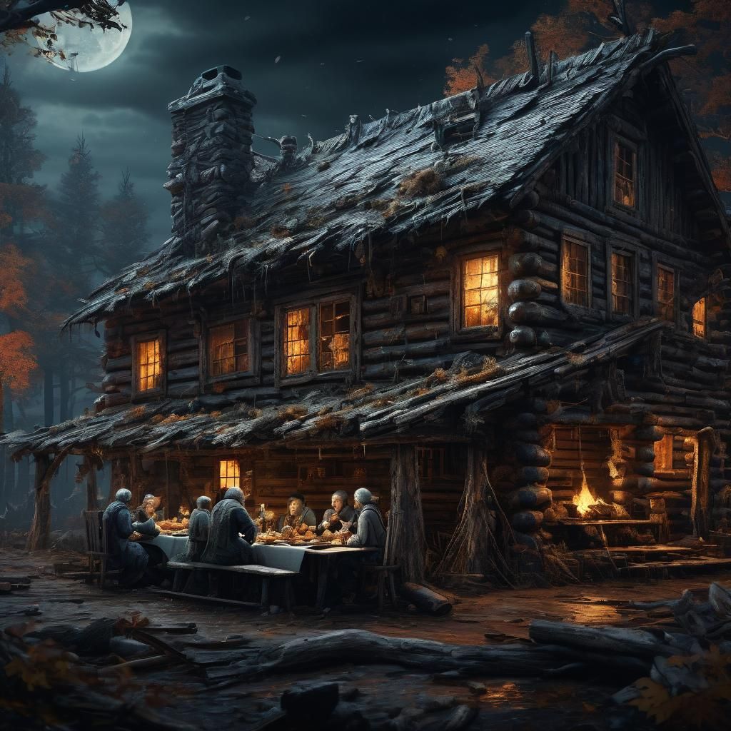 Ghost Family Dinner in Rotting Cabin: Detailed Matte Paintin...