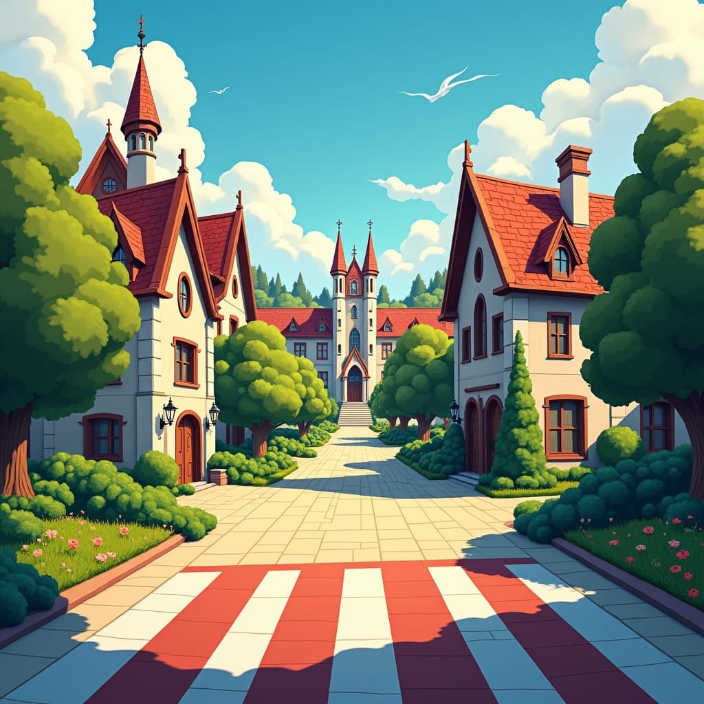Vibrant Gothic College Campus in Cartoon Style