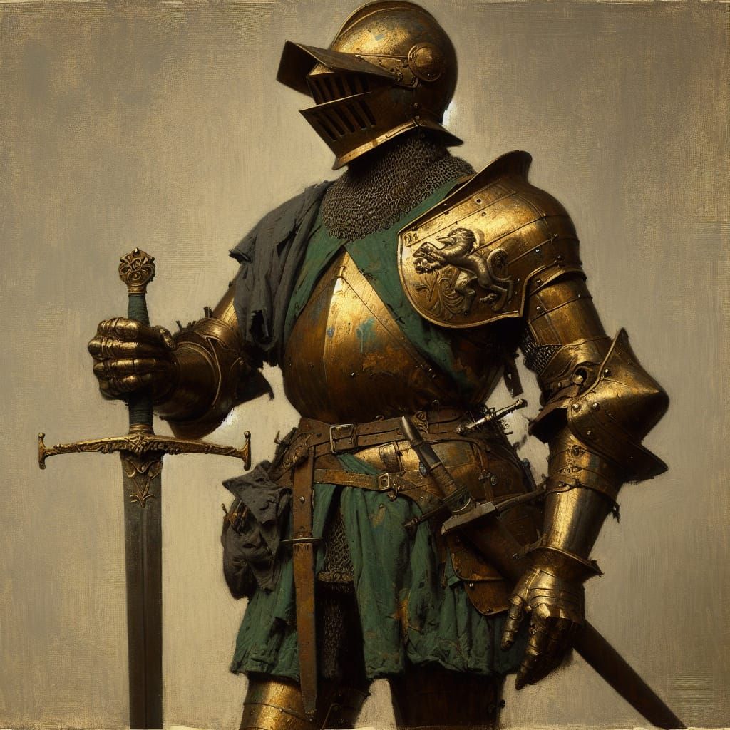 Knight with Sword in Gold and Green Oil Paint