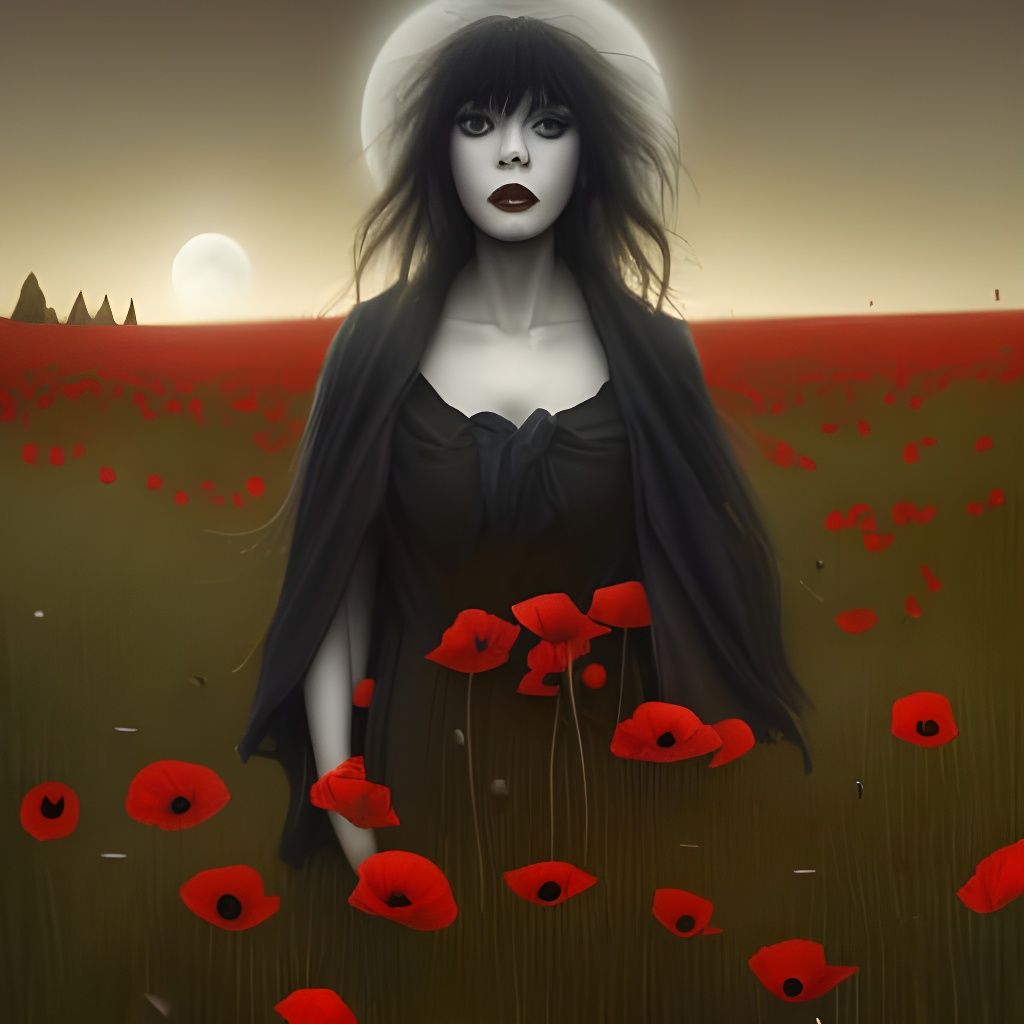 Blood Moon Over Poppy Field: Dark Fantasy Art