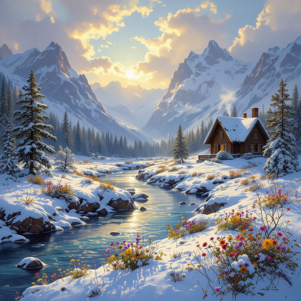 Ethereal Snowscape Painting with River and Mountains