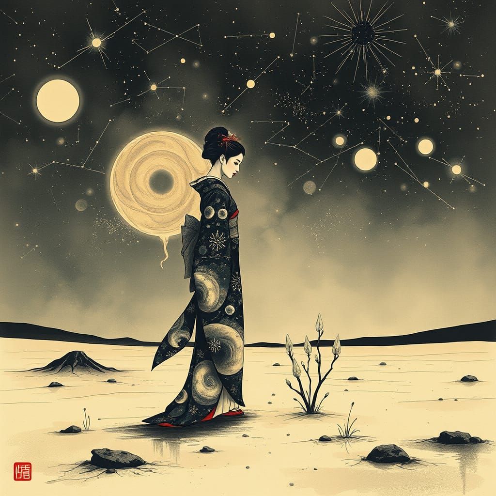 Cosmic Geisha on Barren Plain: Sumi-e Style