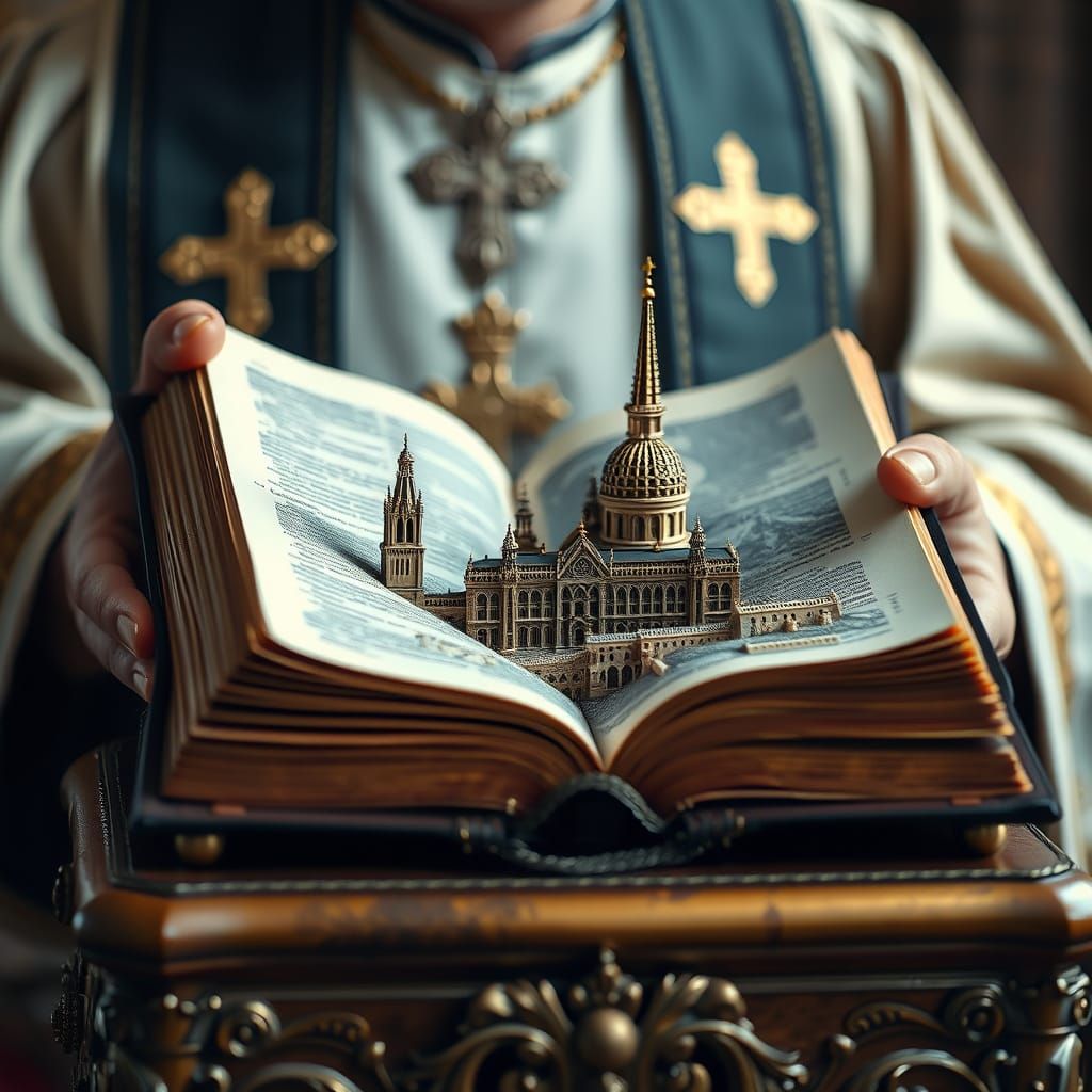 A priest opened the Bible on his podium and inside the Bible was a miniature New Jerusalem, macro photography